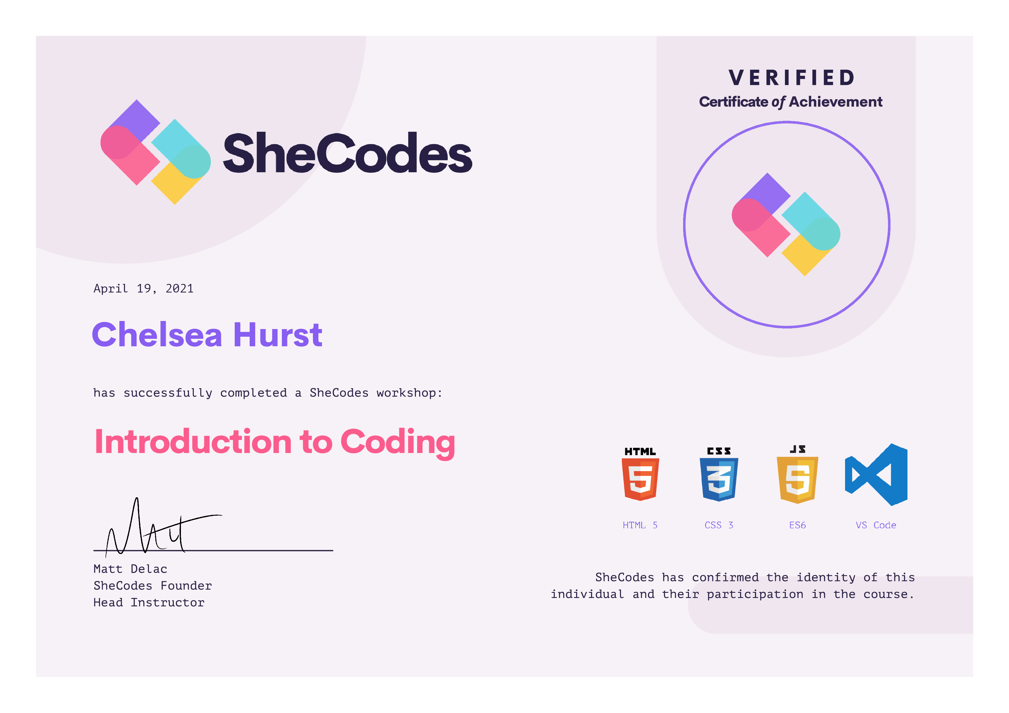 SheCodes Basics Certificate